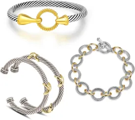 4PCS Twisted Cable Cuff Bracelets for Women Set, Trendy Vintage Gold and Silver Bracelets Two Tone Chain Bangle Mixed Metal Designer Dupes Jewelry for Her