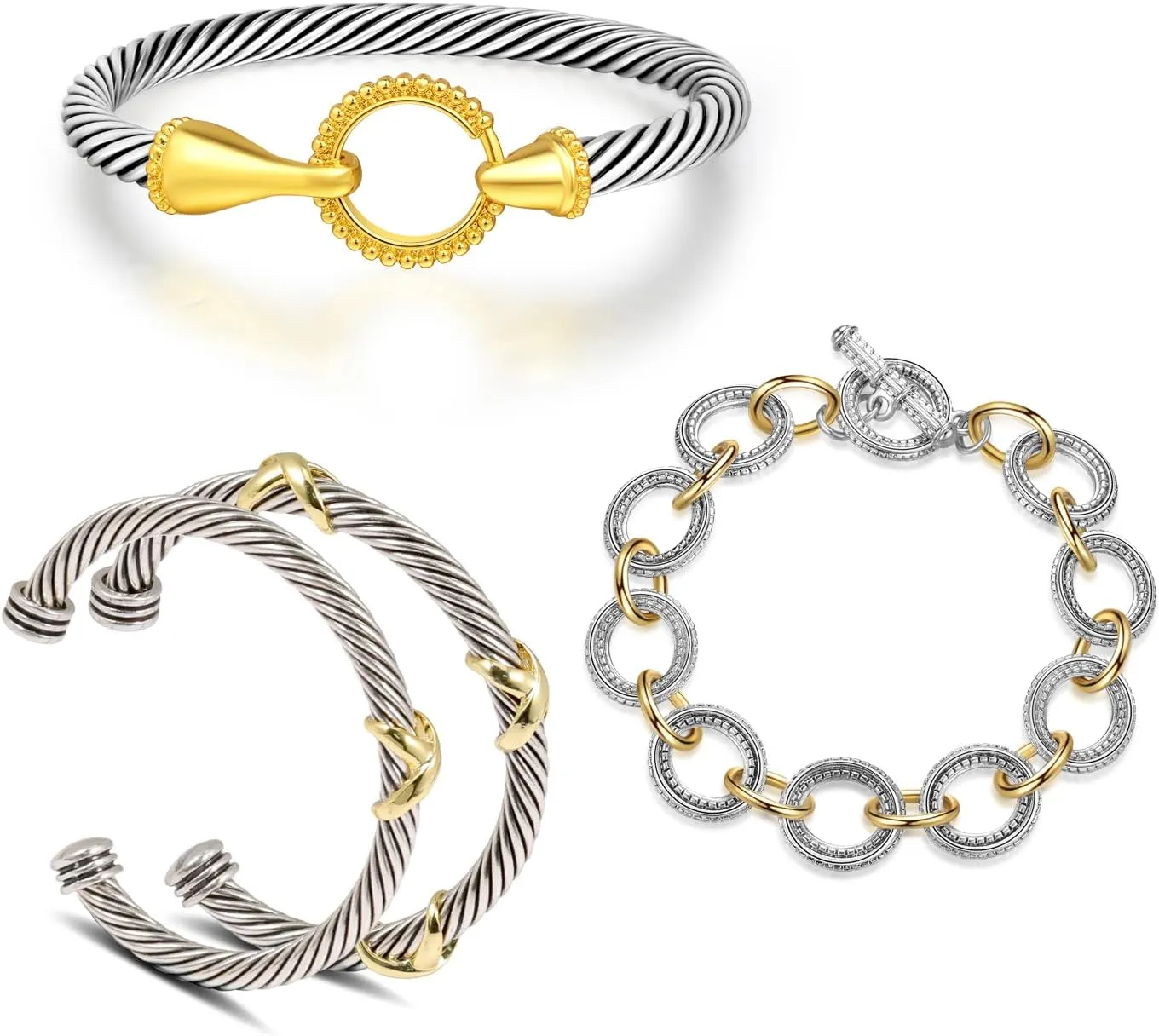4PCS Twisted Cable Cuff Bracelets for Women Set, Trendy Vintage Gold and Silver Bracelets Two Tone Chain Bangle Mixed Metal Designer Dupes Jewelry for Her