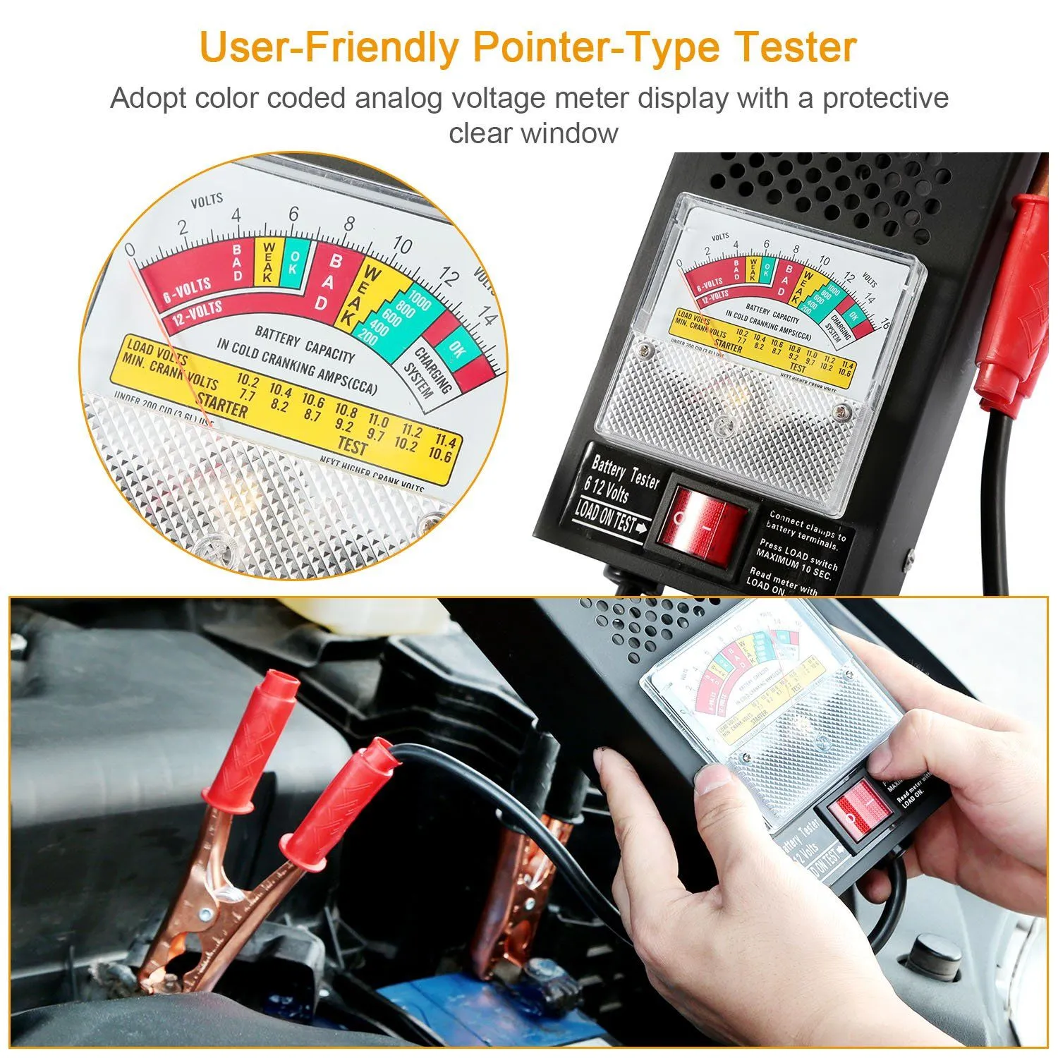 6-12V Automotive Battery Tester with Heavy Duty Insulated Copper Clips
