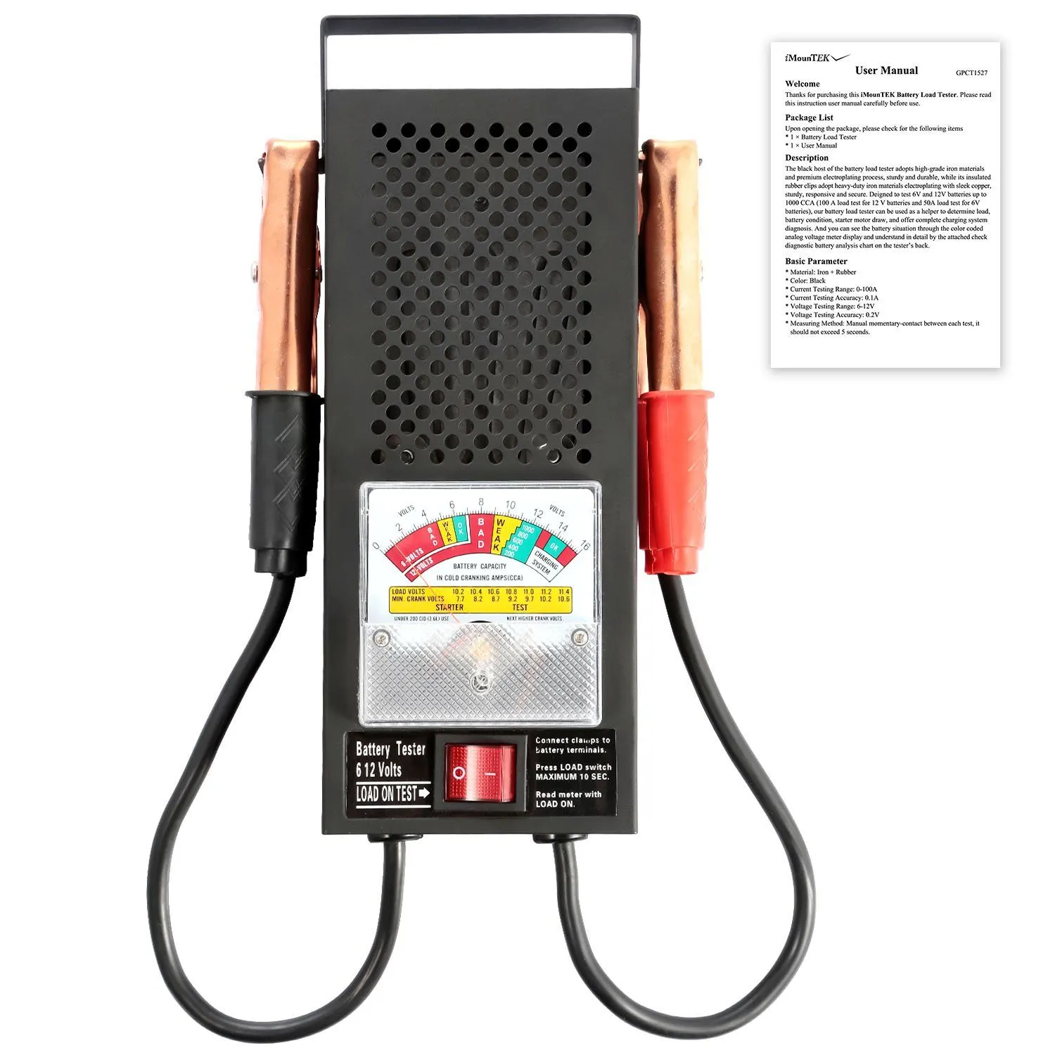 6-12V Automotive Battery Tester with Heavy Duty Insulated Copper Clips
