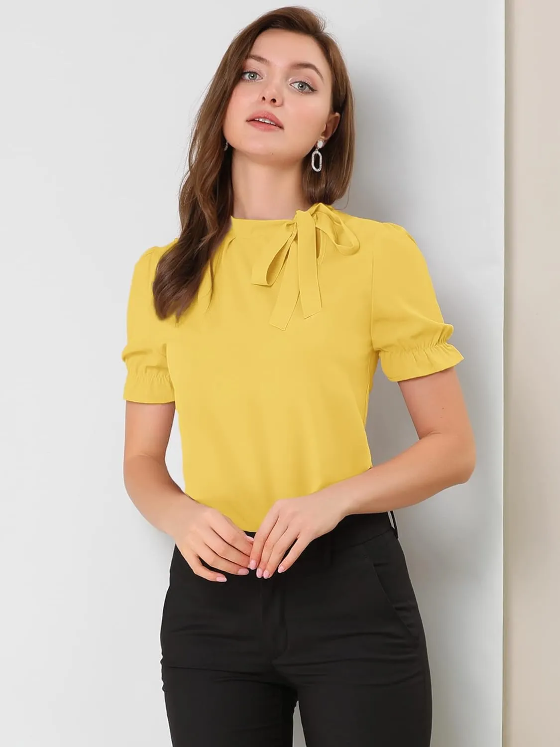 Allegra K Women's Bow Tie Neck Tops Elegant Office Short Sleeve Blouse