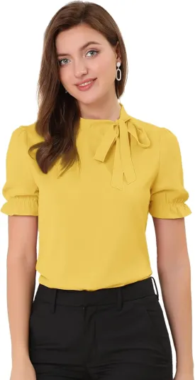 Allegra K Women's Bow Tie Neck Tops Elegant Office Short Sleeve Blouse