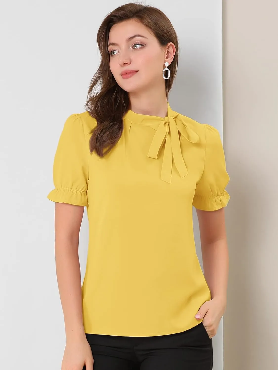 Allegra K Women's Bow Tie Neck Tops Elegant Office Short Sleeve Blouse