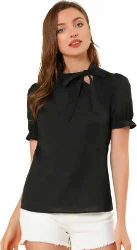 Allegra K Women's Bow Tie Neck Tops Elegant Office Short Sleeve Blouse
