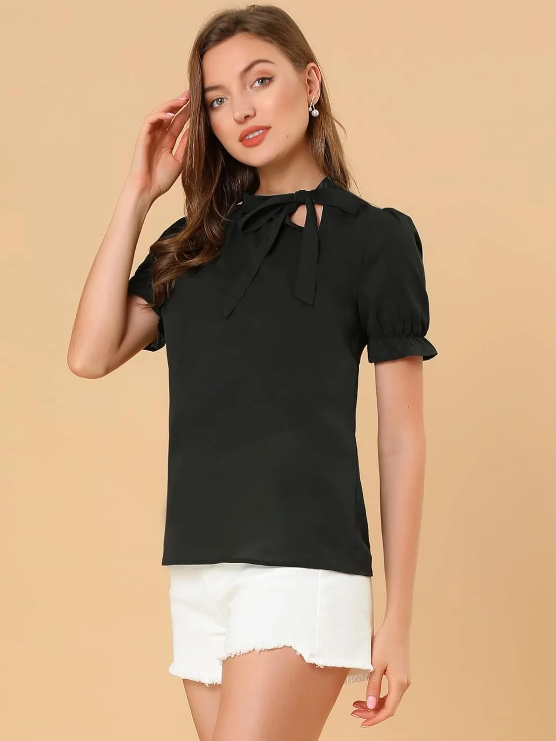 Allegra K Women's Bow Tie Neck Tops Elegant Office Short Sleeve Blouse