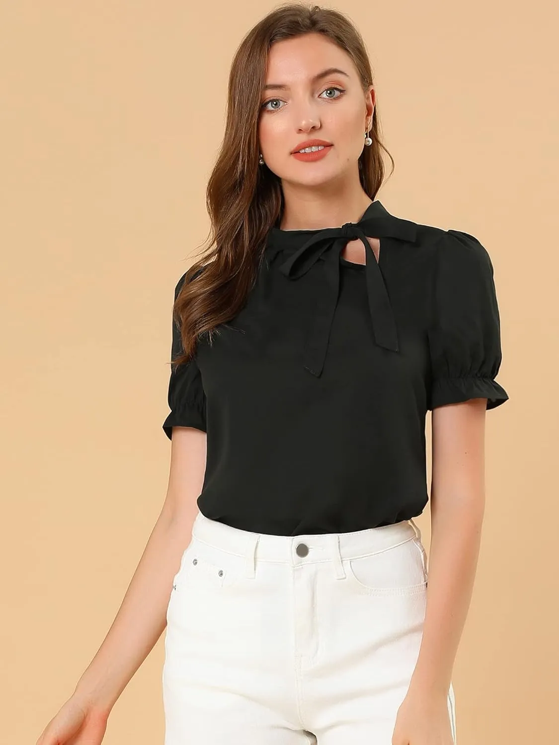 Allegra K Women's Bow Tie Neck Tops Elegant Office Short Sleeve Blouse