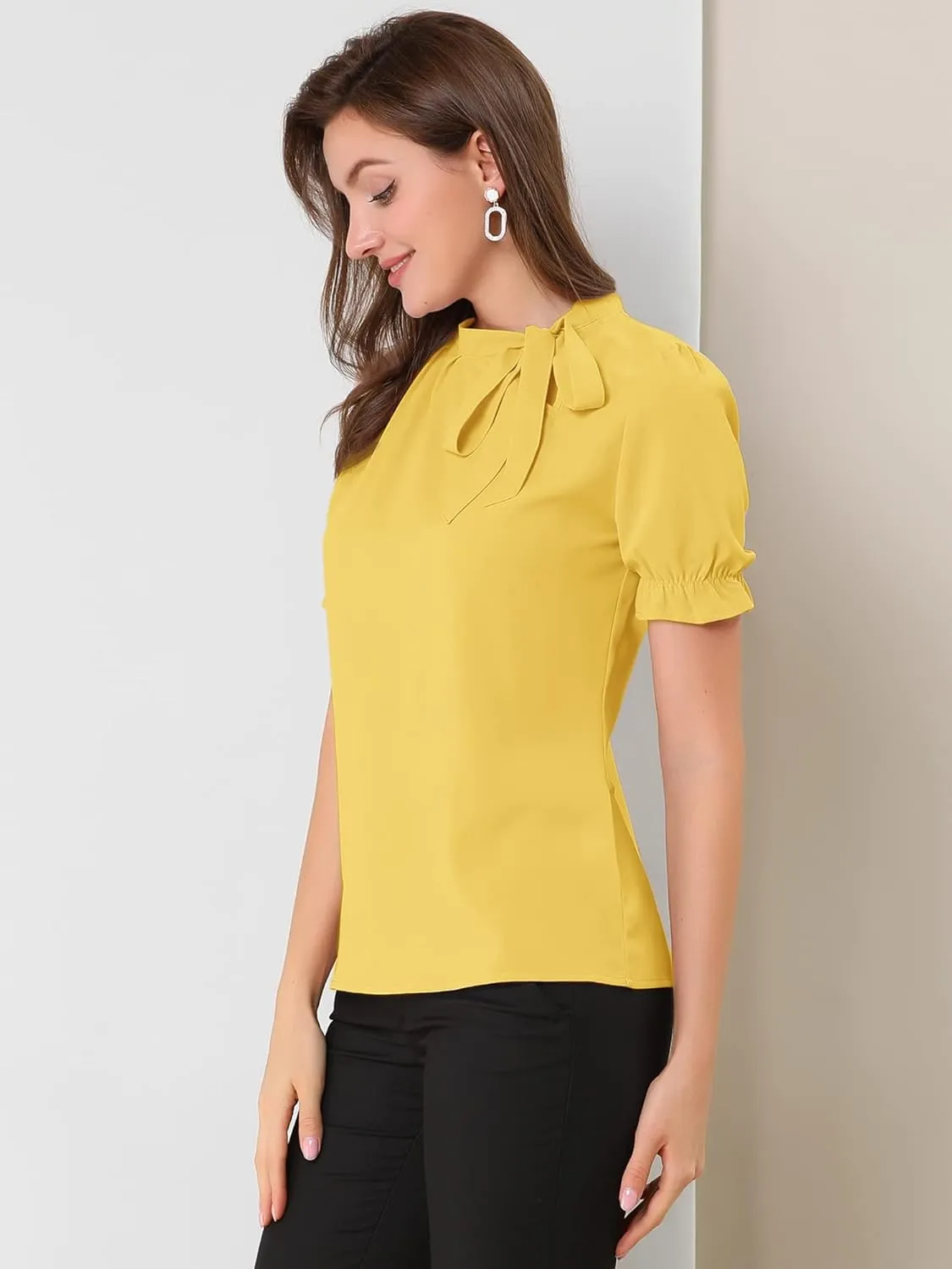 Allegra K Women's Bow Tie Neck Tops Elegant Office Short Sleeve Blouse