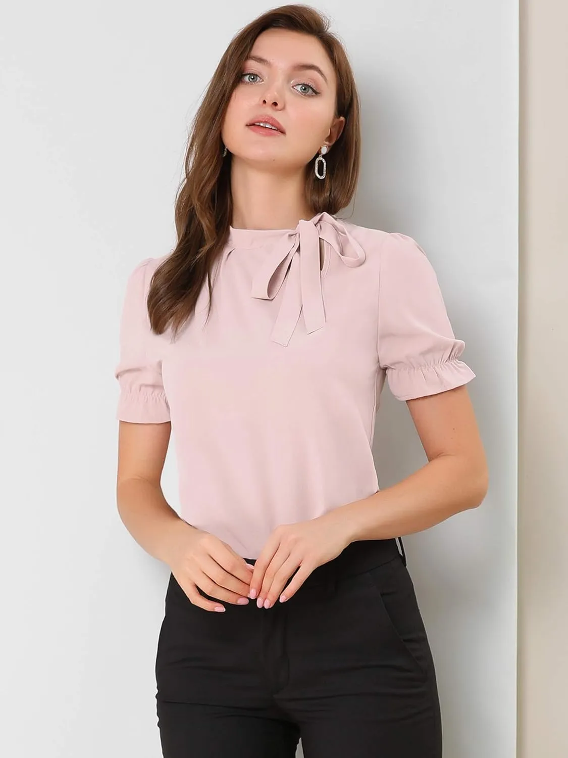 Allegra K Women's Bow Tie Neck Tops Elegant Office Short Sleeve Blouse