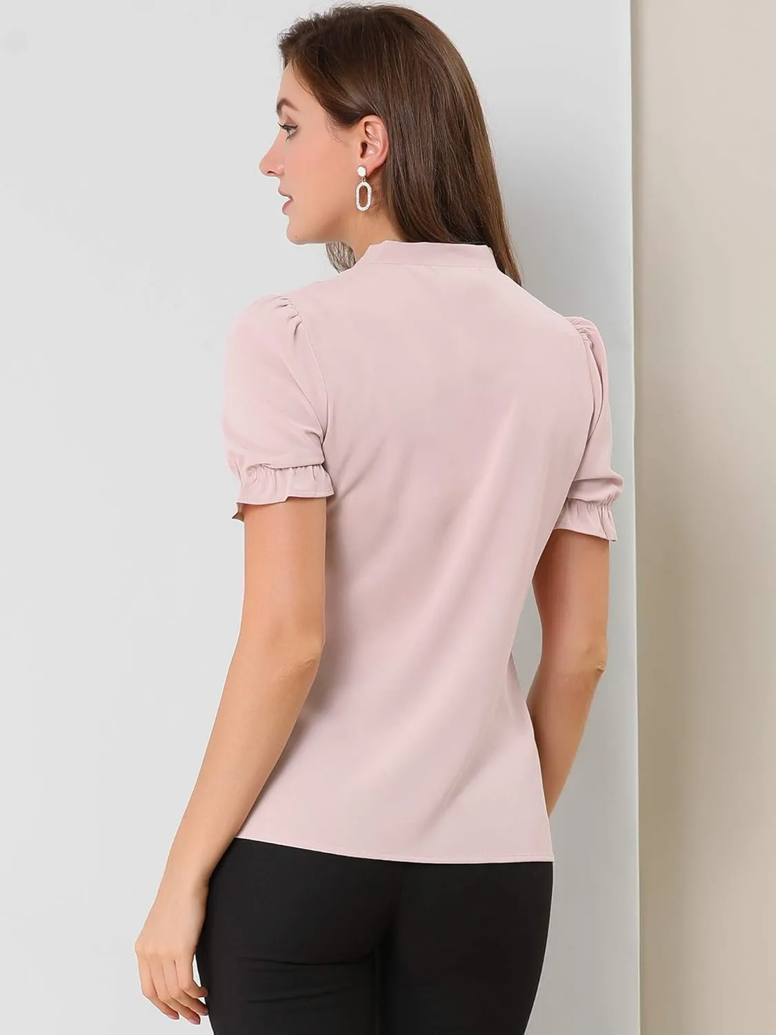 Allegra K Women's Bow Tie Neck Tops Elegant Office Short Sleeve Blouse