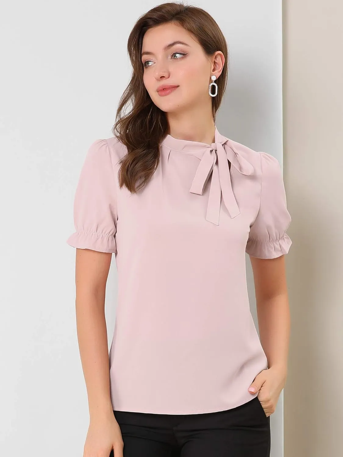 Allegra K Women's Bow Tie Neck Tops Elegant Office Short Sleeve Blouse