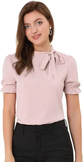 Allegra K Women's Bow Tie Neck Tops Elegant Office Short Sleeve Blouse