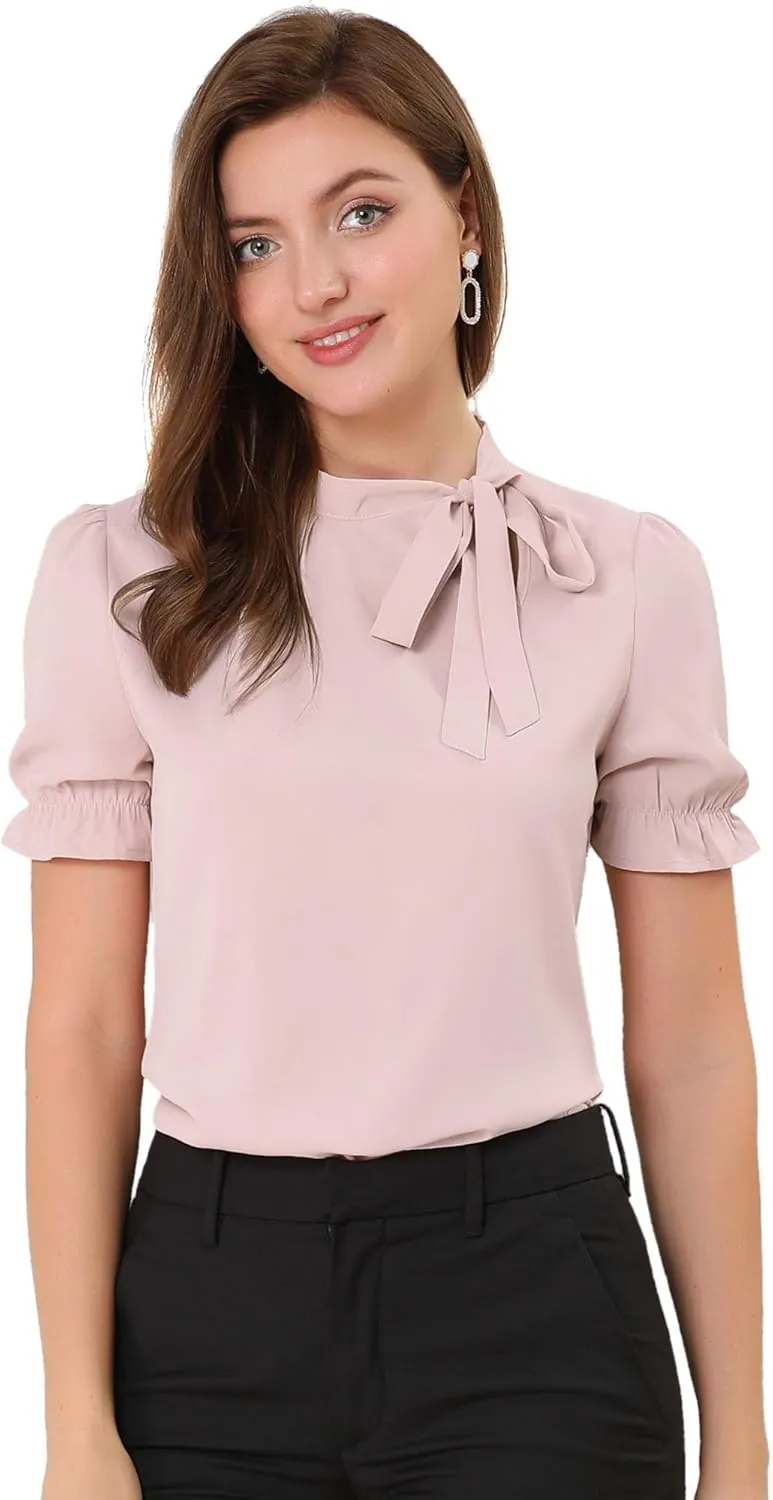 Allegra K Women's Bow Tie Neck Tops Elegant Office Short Sleeve Blouse