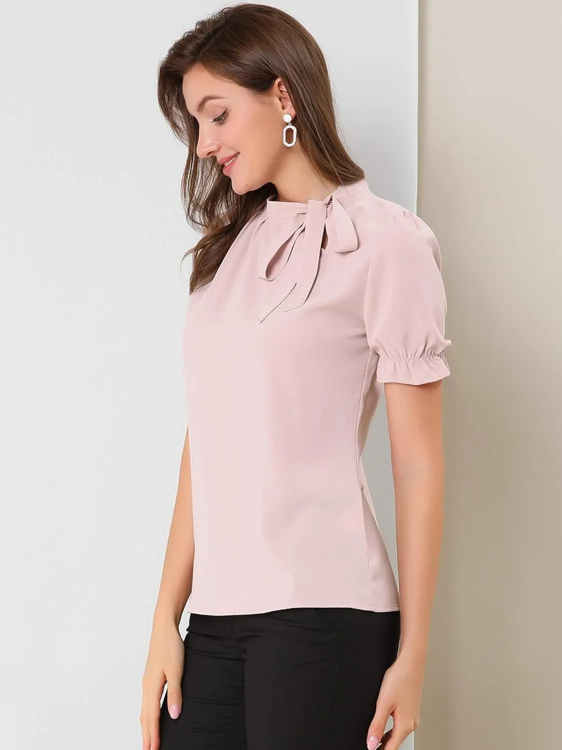 Allegra K Women's Bow Tie Neck Tops Elegant Office Short Sleeve Blouse
