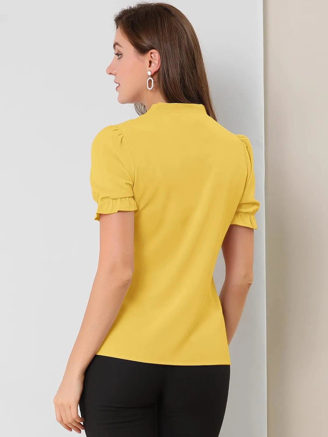 Allegra K Women's Bow Tie Neck Tops Elegant Office Short Sleeve Blouse