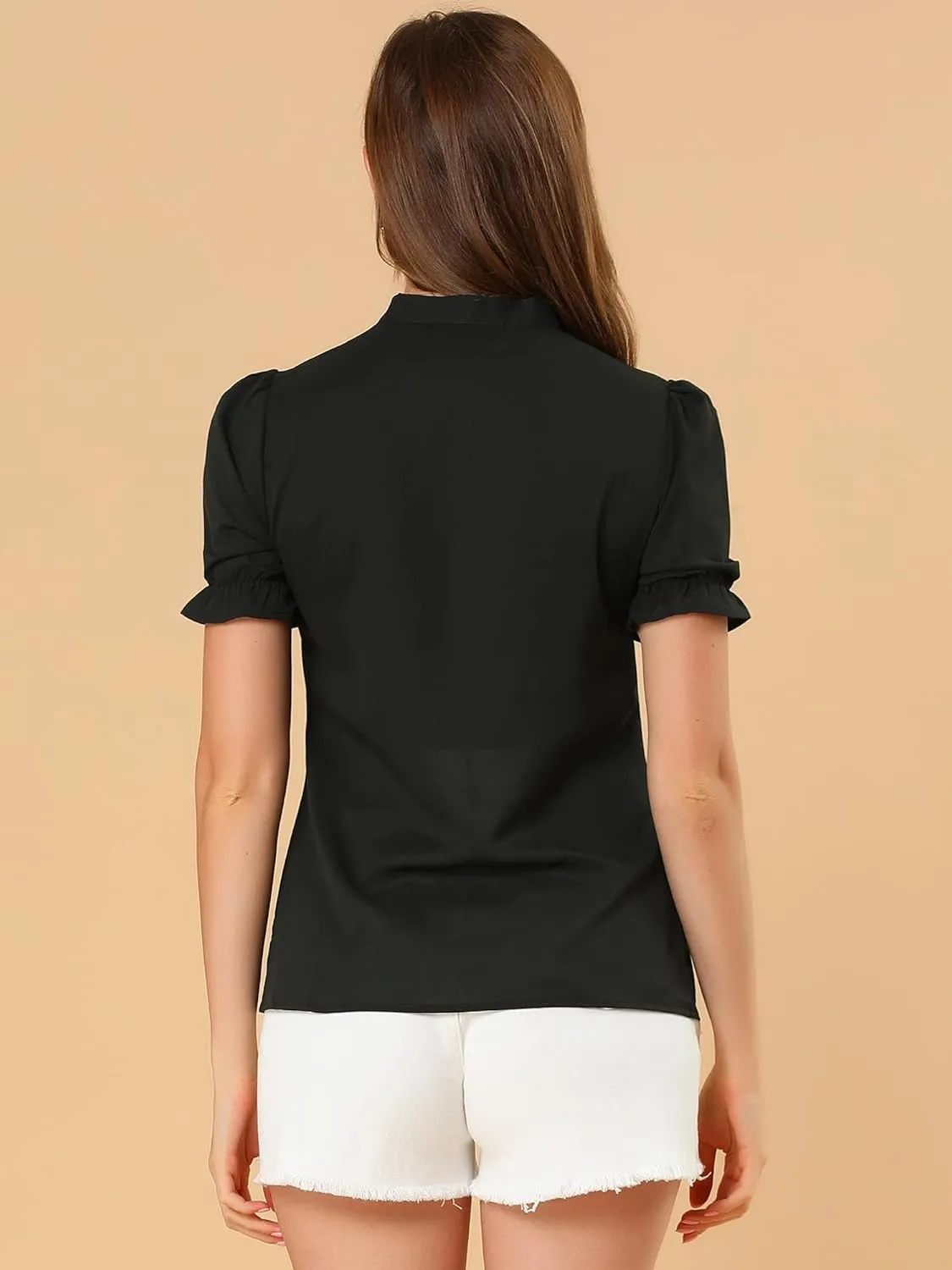 Allegra K Women's Bow Tie Neck Tops Elegant Office Short Sleeve Blouse
