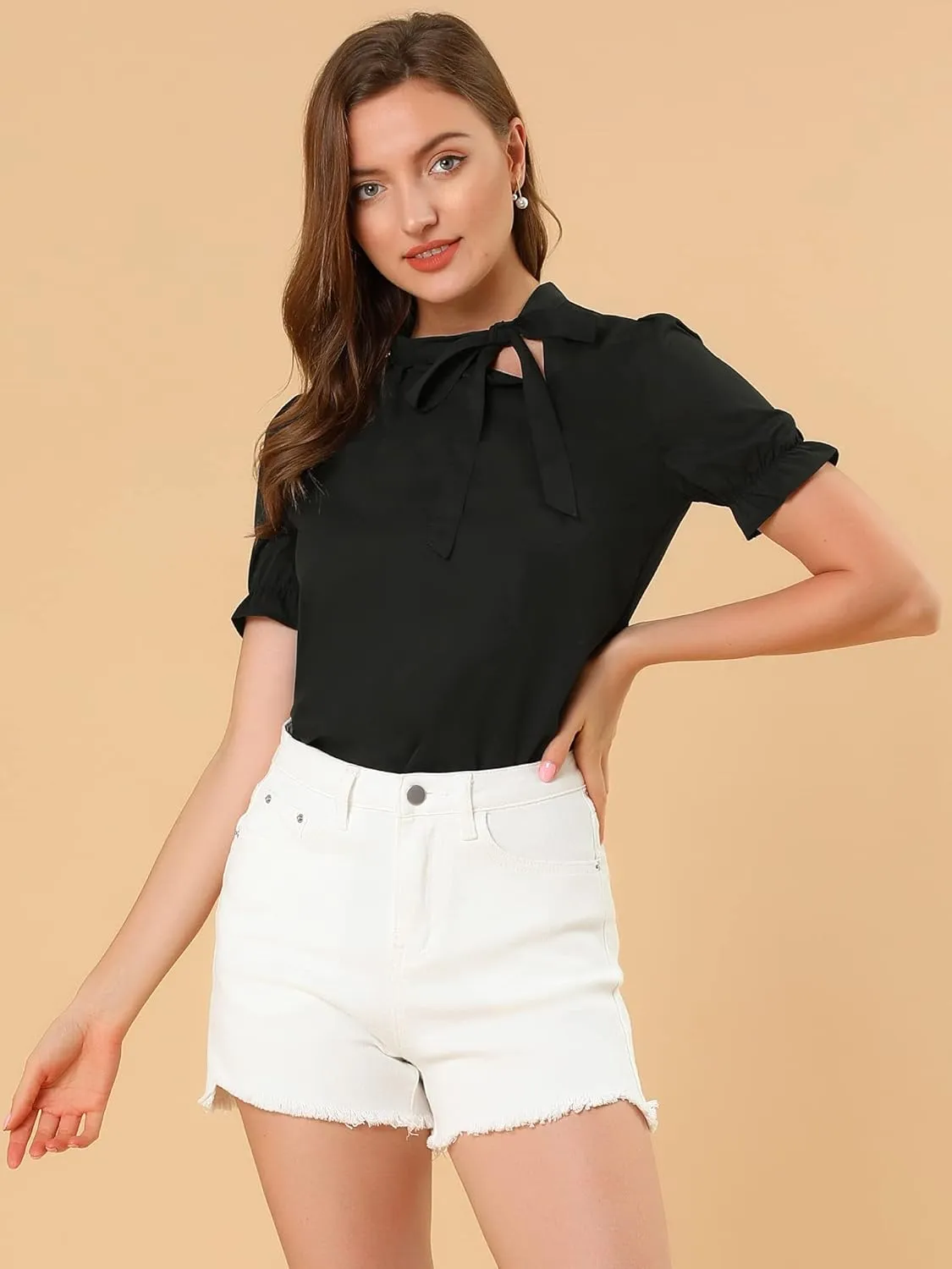 Allegra K Women's Bow Tie Neck Tops Elegant Office Short Sleeve Blouse