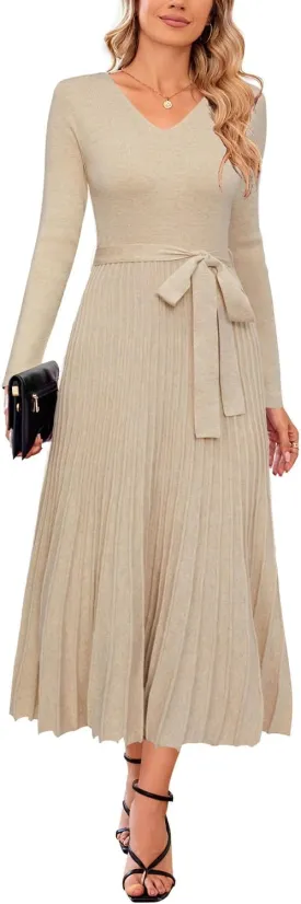 Arach&Cloz 2024 Fall Wool Blended Womens Long Sleeve V Neck Tie Waist Pleated A Line Ribbed Knit Pullover Midi Sweater Dress