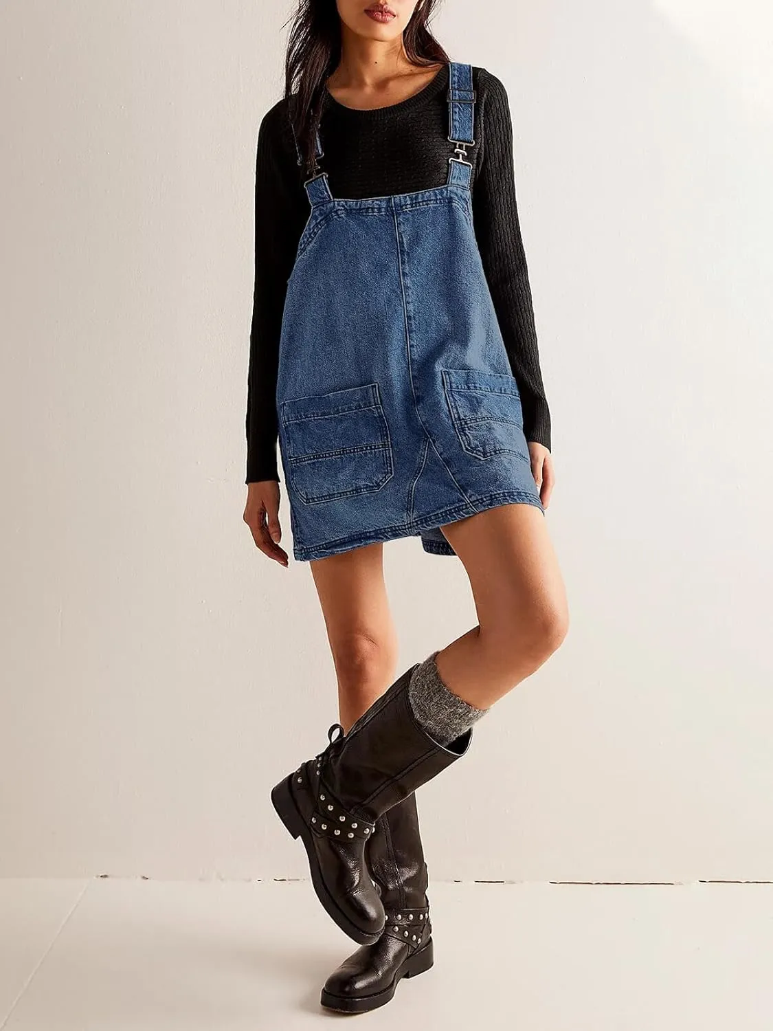 Cicy Bell Womens Denim Overall Dress Cute Summer Mini Jean Dress Adjustable Strap Loose Fit Short Jumper