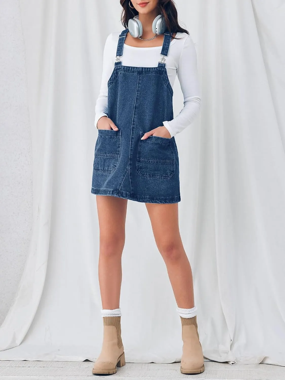 Cicy Bell Womens Denim Overall Dress Cute Summer Mini Jean Dress Adjustable Strap Loose Fit Short Jumper