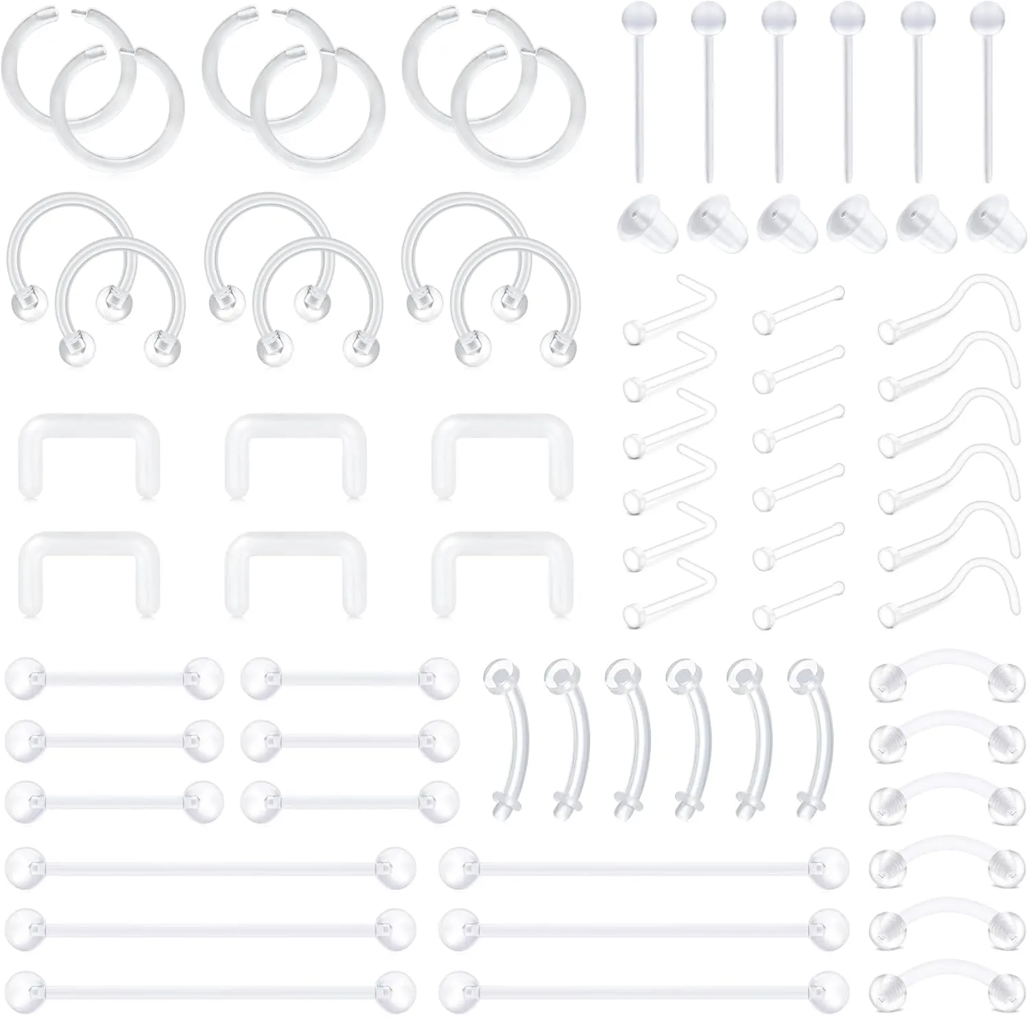 D.Bella Mix Style Clear Piercing Kit Retainer Flexible Lip Nose Eyebrow Nipple Tongue Belly Button Rings Piercing Retainer Bioflex Plastic Industrial Barbell Piercing Retainer