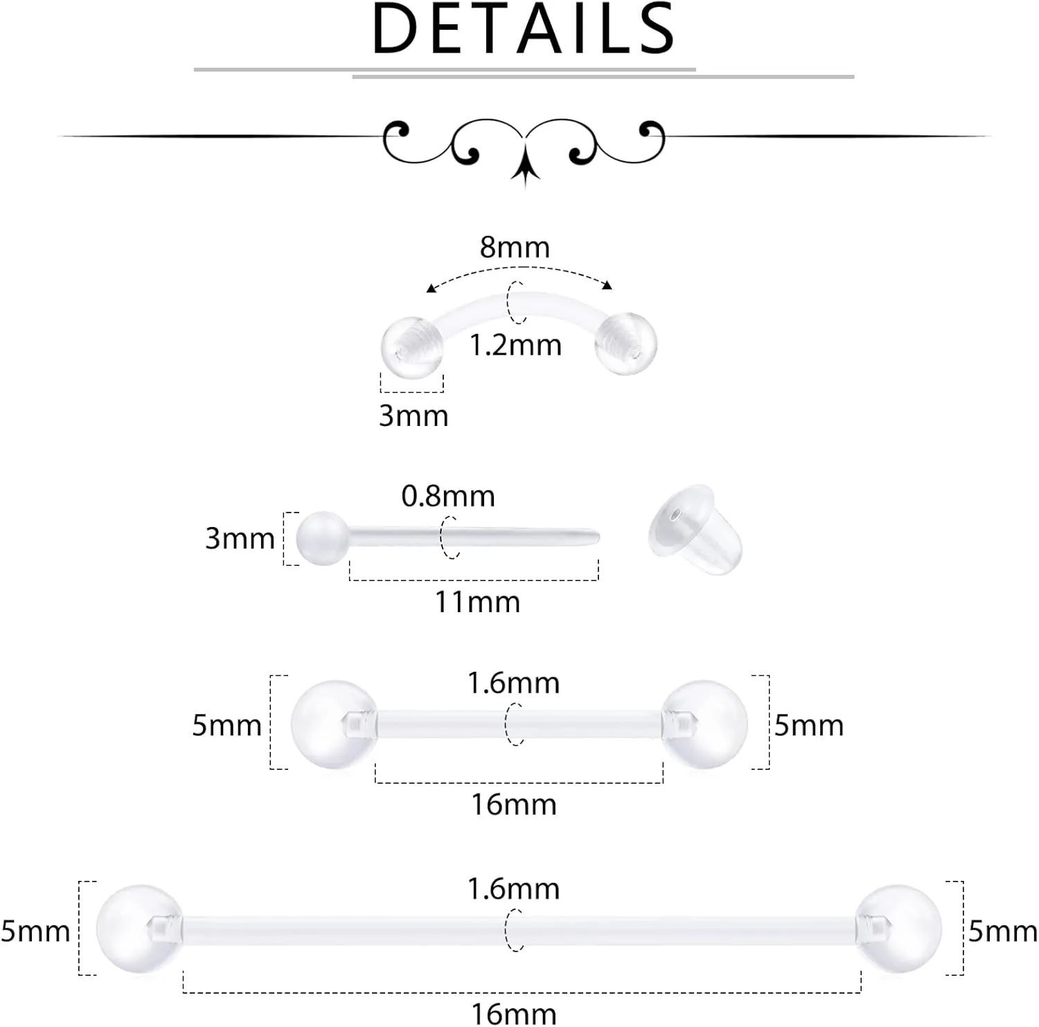 D.Bella Mix Style Clear Piercing Kit Retainer Flexible Lip Nose Eyebrow Nipple Tongue Belly Button Rings Piercing Retainer Bioflex Plastic Industrial Barbell Piercing Retainer