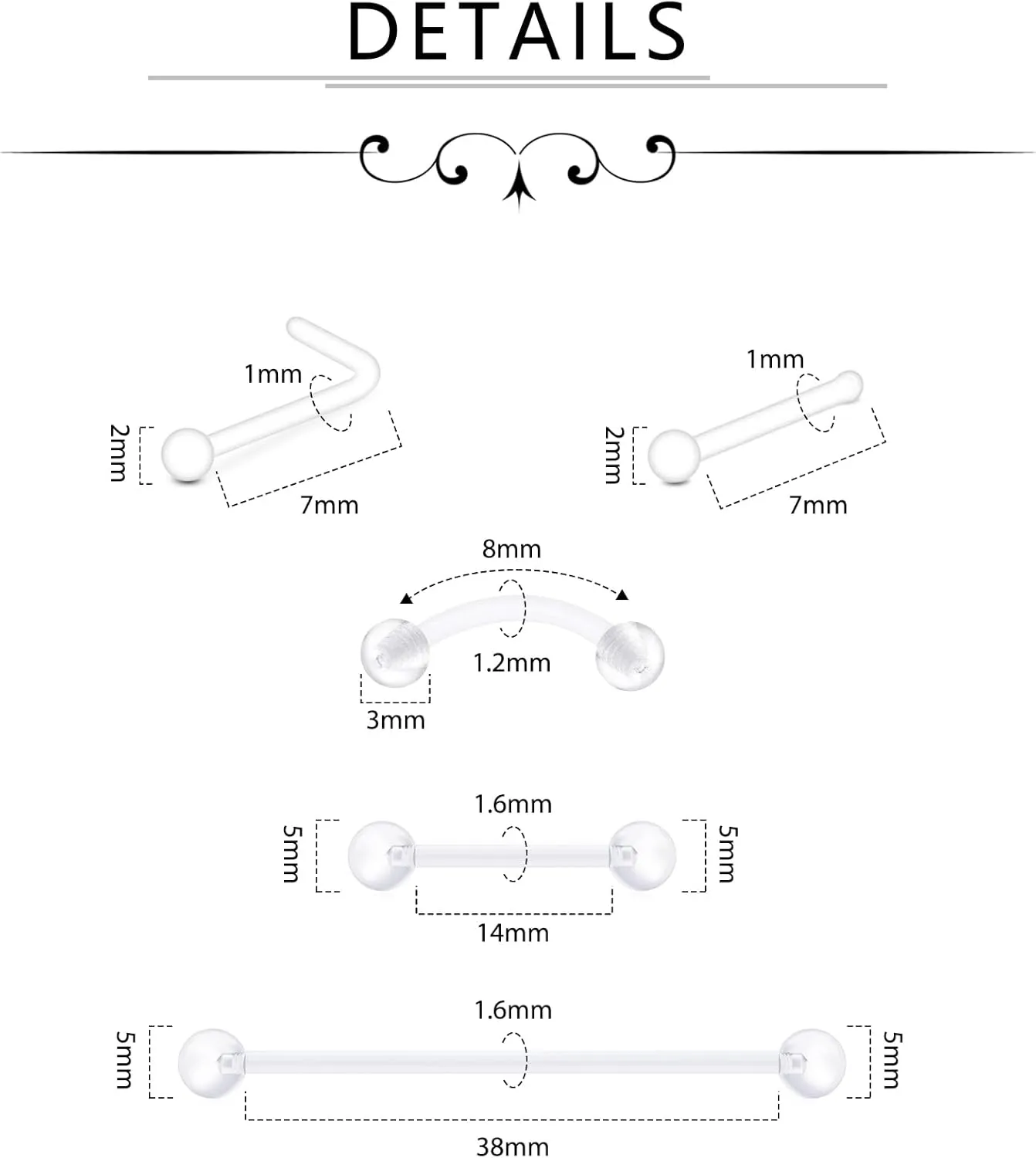 D.Bella Mix Style Clear Piercing Kit Retainer Flexible Lip Nose Eyebrow Nipple Tongue Belly Button Rings Piercing Retainer Bioflex Plastic Industrial Barbell Piercing Retainer