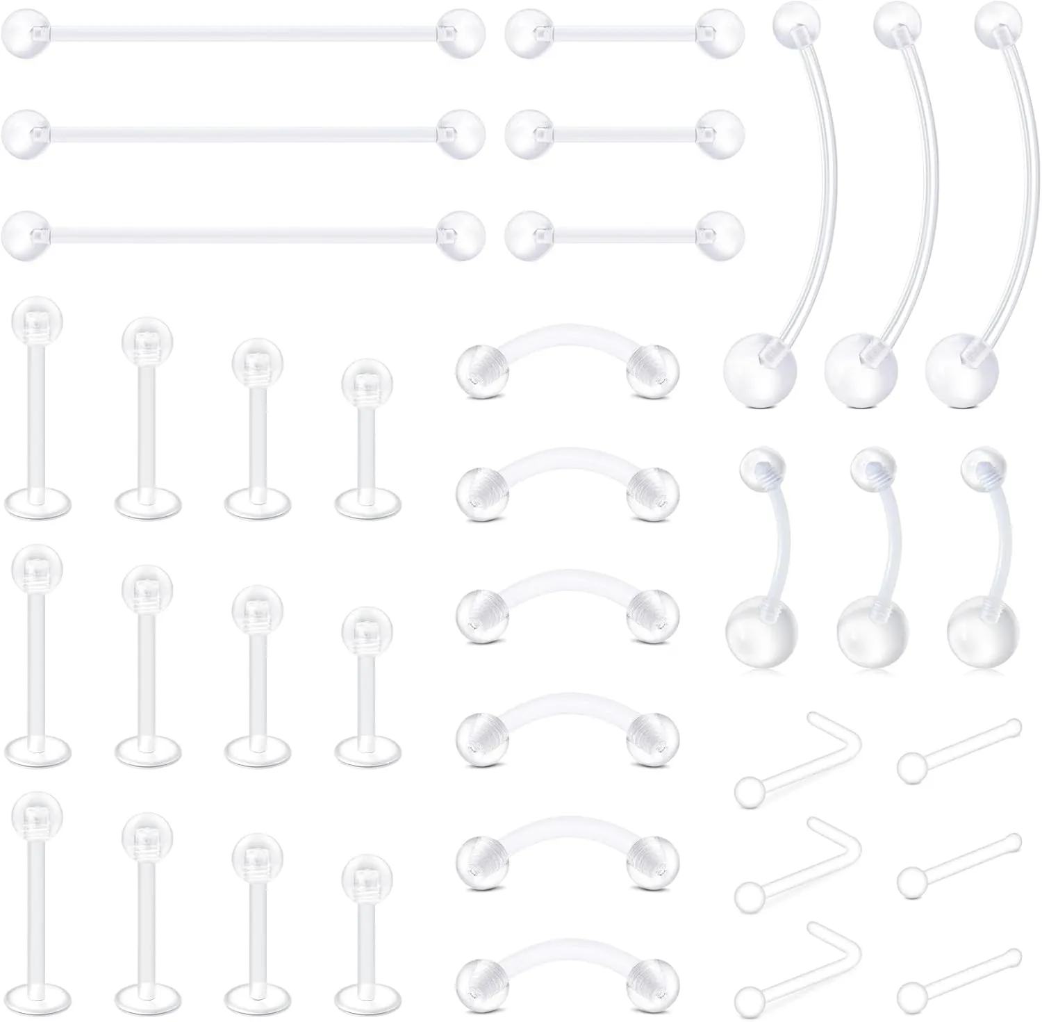 D.Bella Mix Style Clear Piercing Kit Retainer Flexible Lip Nose Eyebrow Nipple Tongue Belly Button Rings Piercing Retainer Bioflex Plastic Industrial Barbell Piercing Retainer