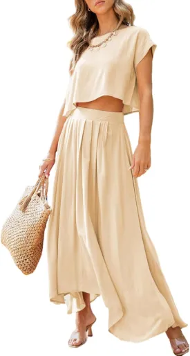 Dokotoo Dresses for Women 2 Piece Summer Outfits Crewneck Tops and Maxi Skirt Dress Sets