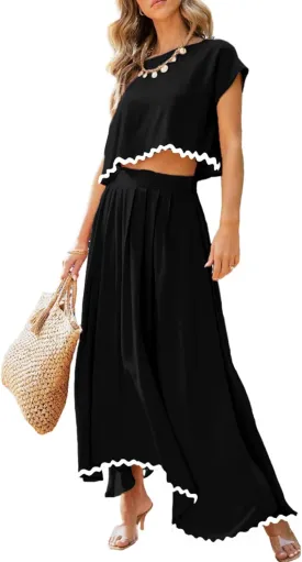 Dokotoo Dresses for Women 2 Piece Summer Outfits Crewneck Tops and Maxi Skirt Dress Sets