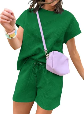Dokotoo Women's 2 Piece Outfits Sweatsuit Casual Short Sleeve Pullover Tops and Drawstring Shorts Pants Lounge Sets