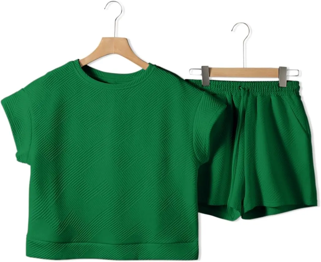 Dokotoo Women's 2 Piece Outfits Sweatsuit Casual Short Sleeve Pullover Tops and Drawstring Shorts Pants Lounge Sets