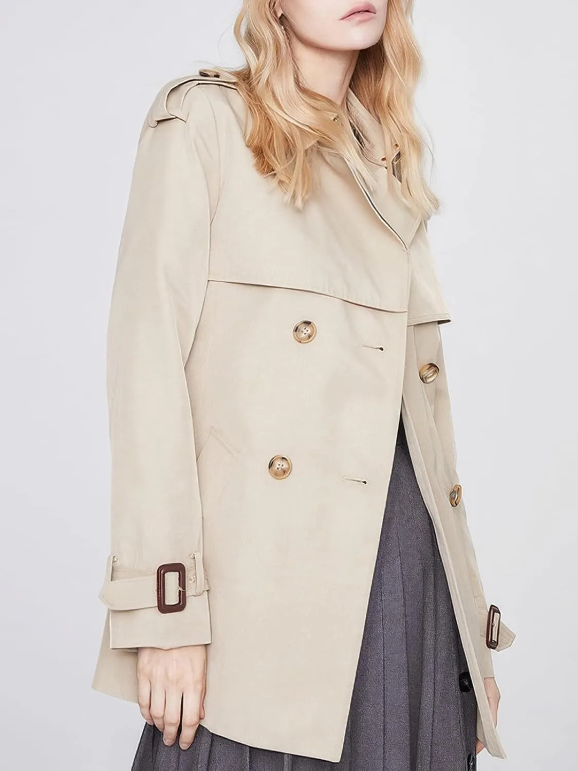 ebossy Women's Short Double Breasted Trench Coat Classic Lapel Belted Slim Fit Overcoat with Pockets