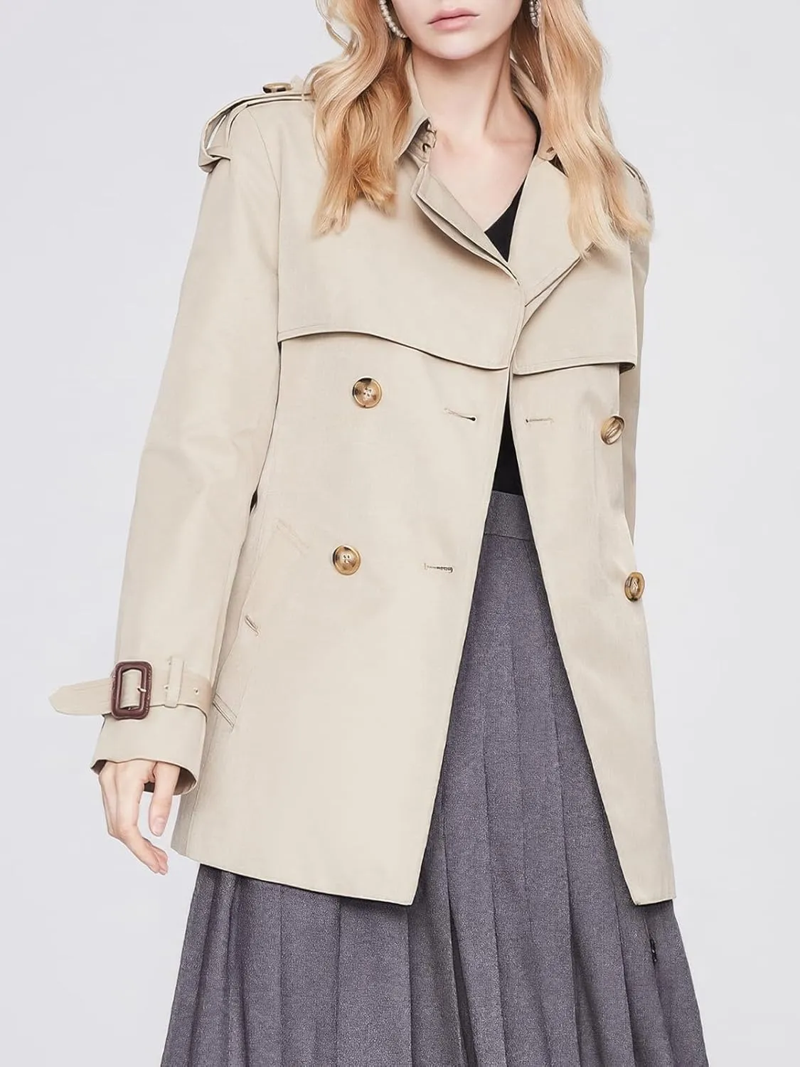 ebossy Women's Short Double Breasted Trench Coat Classic Lapel Belted Slim Fit Overcoat with Pockets