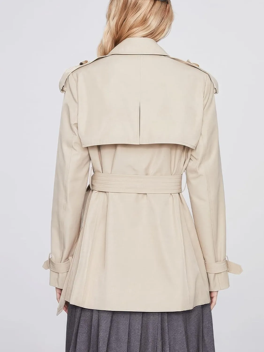 ebossy Women's Short Double Breasted Trench Coat Classic Lapel Belted Slim Fit Overcoat with Pockets