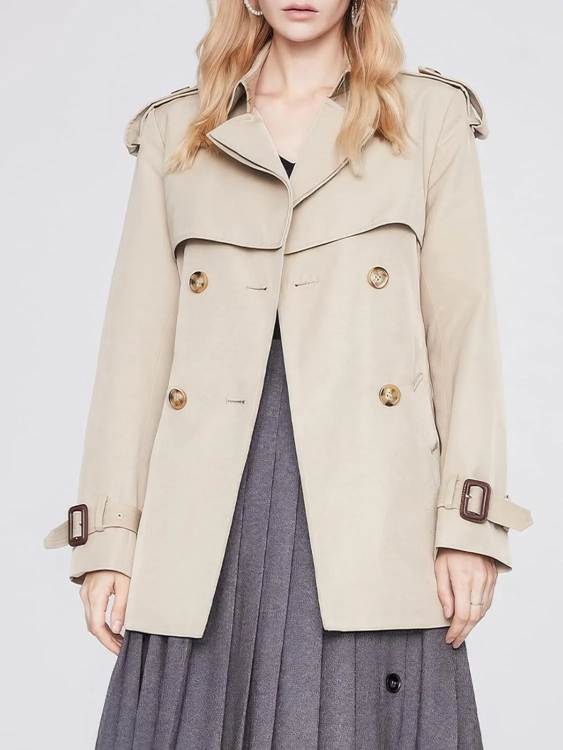 ebossy Women's Short Double Breasted Trench Coat Classic Lapel Belted Slim Fit Overcoat with Pockets