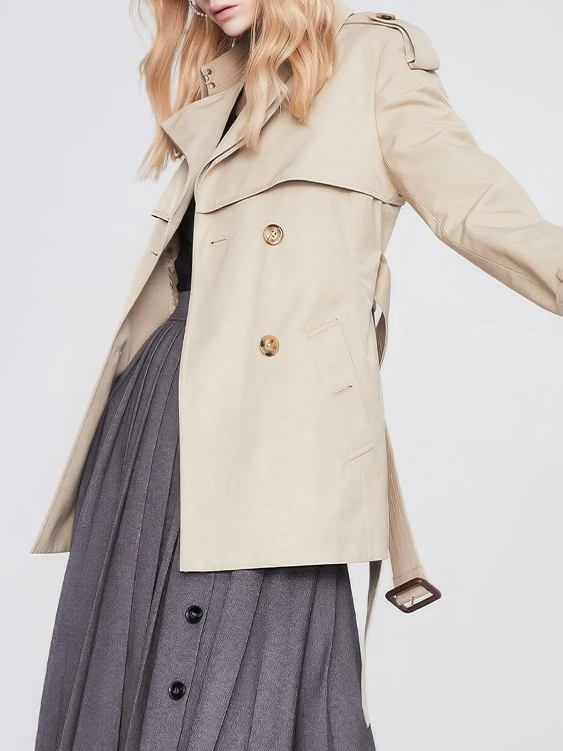 ebossy Women's Short Double Breasted Trench Coat Classic Lapel Belted Slim Fit Overcoat with Pockets