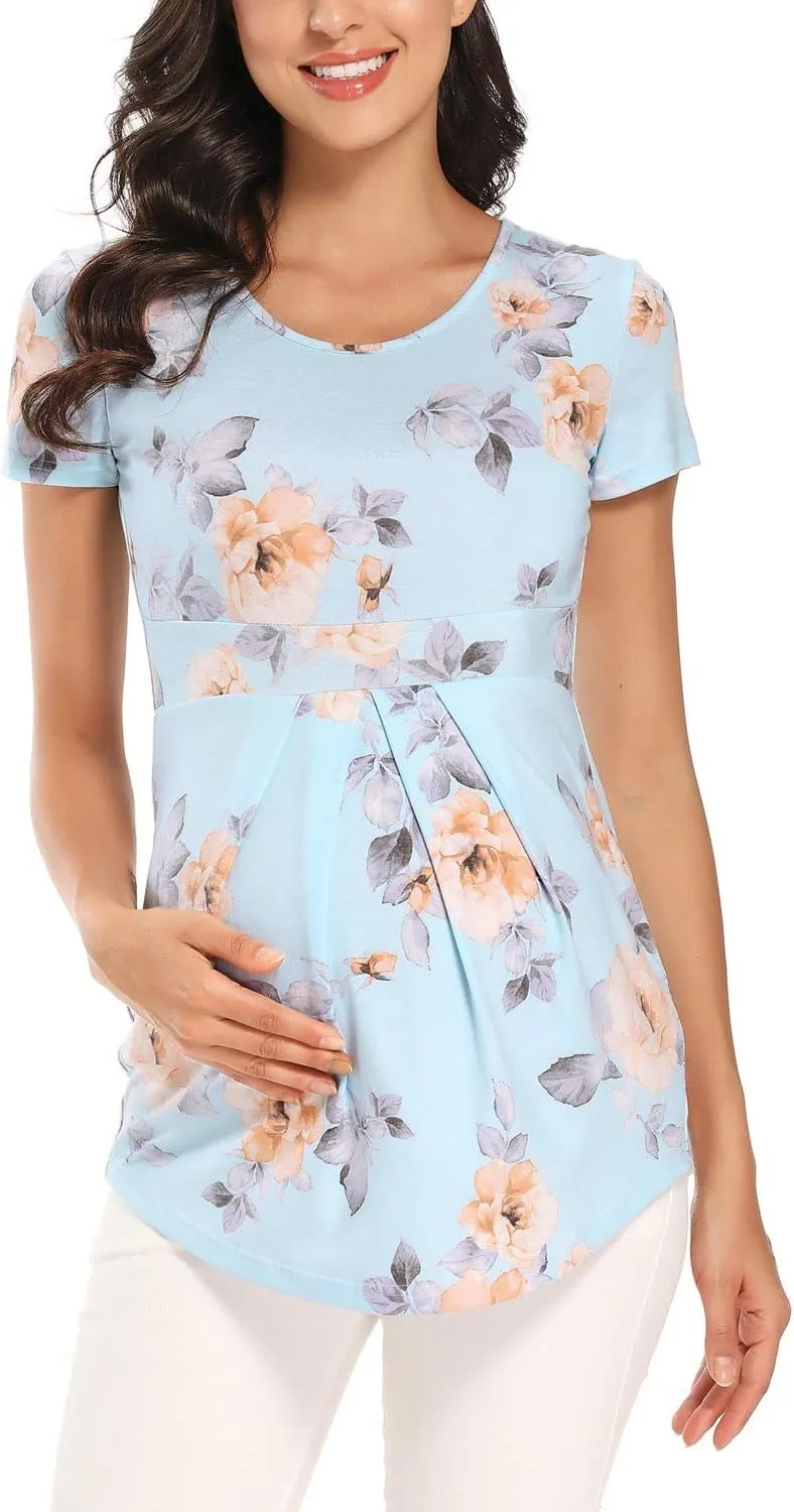 Ecavus Womens Maternity Shirts 3-Pack Short Sleeve Tops Empire Waist Pleated Front Maternity Clothes for Work and Casual