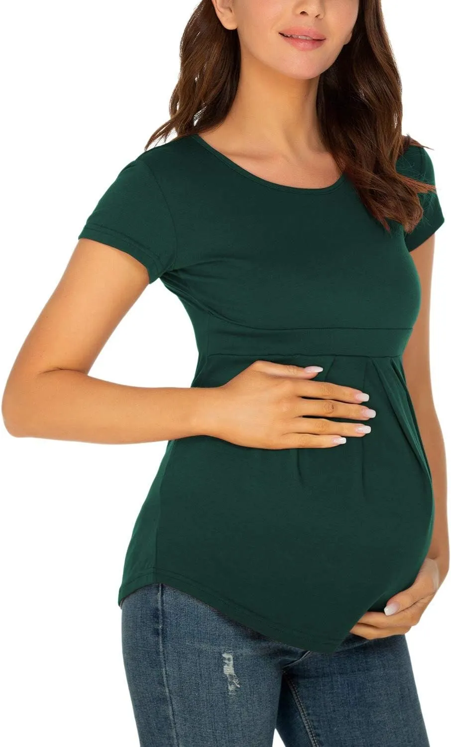Ecavus Womens Maternity Shirts 3-Pack Short Sleeve Tops Empire Waist Pleated Front Maternity Clothes for Work and Casual