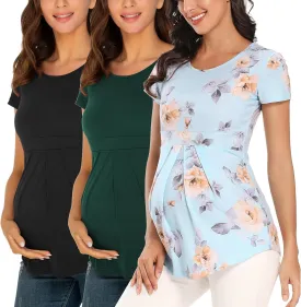 Ecavus Womens Maternity Shirts 3-Pack Short Sleeve Tops Empire Waist Pleated Front Maternity Clothes for Work and Casual
