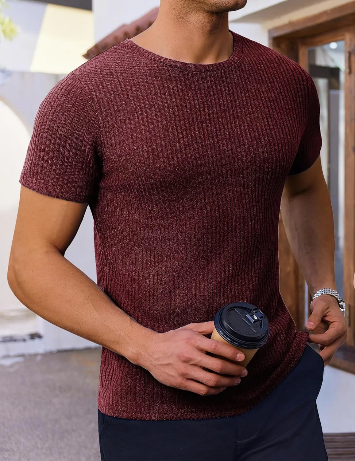 Ekouaer Men's Knit T-Shirts Short Sleeve Casual Ribbed Shirts Lightweight Crewneck Tees Stretchy Undershirts S-XXL