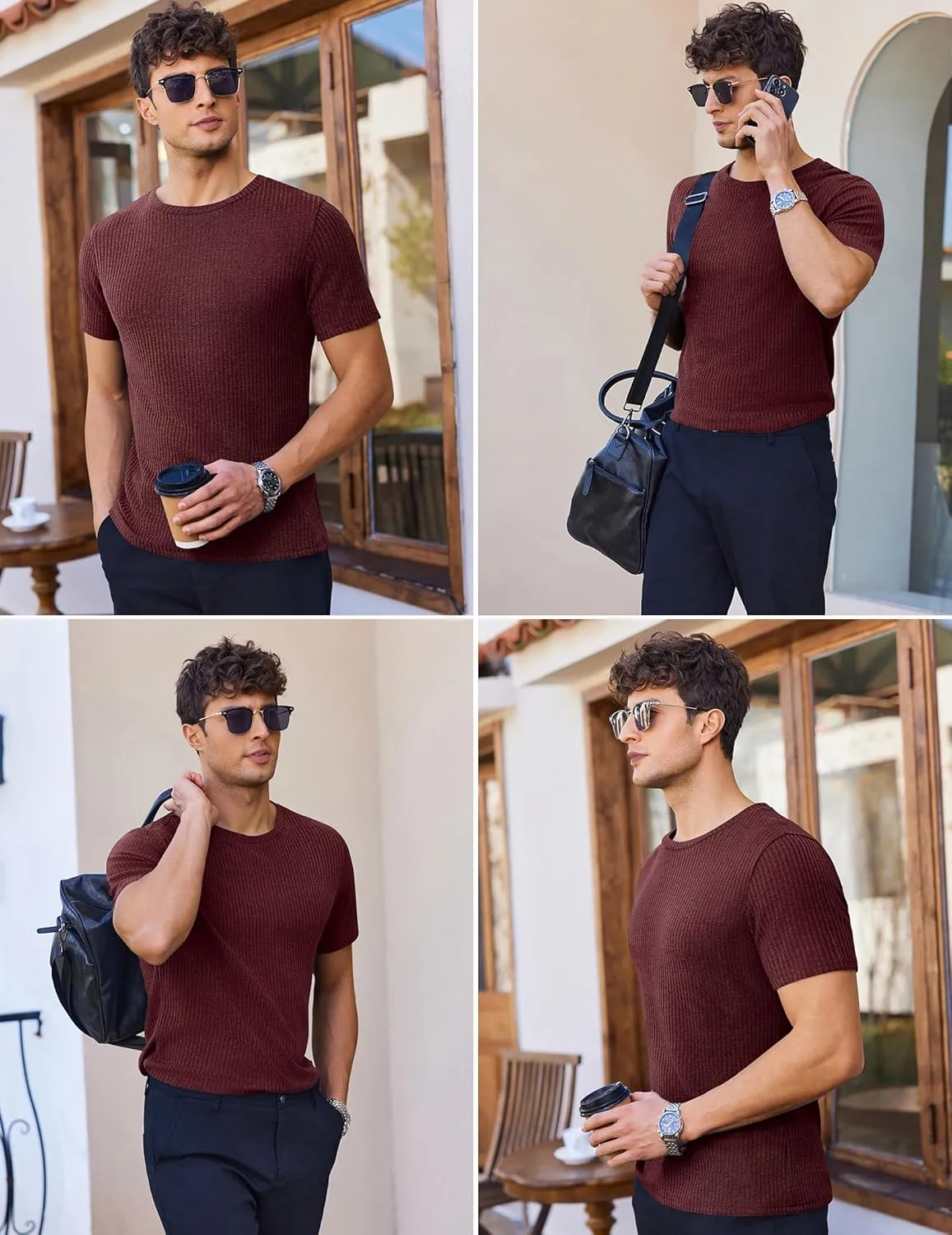 Ekouaer Men's Knit T-Shirts Short Sleeve Casual Ribbed Shirts Lightweight Crewneck Tees Stretchy Undershirts S-XXL