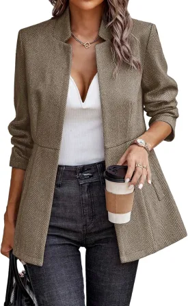 ELLEVEN Womens Open Front Herringbone Blazer-Business Casual Long Sleeve Work Jacket with Full Lining and Padded Shoulders