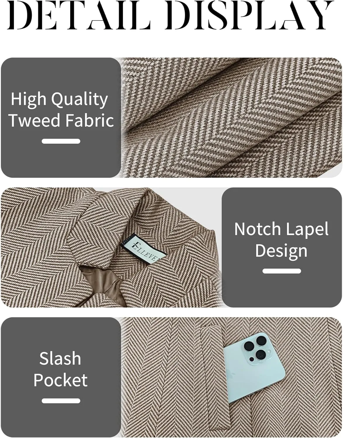 ELLEVEN Womens Open Front Herringbone Blazer-Business Casual Long Sleeve Work Jacket with Full Lining and Padded Shoulders