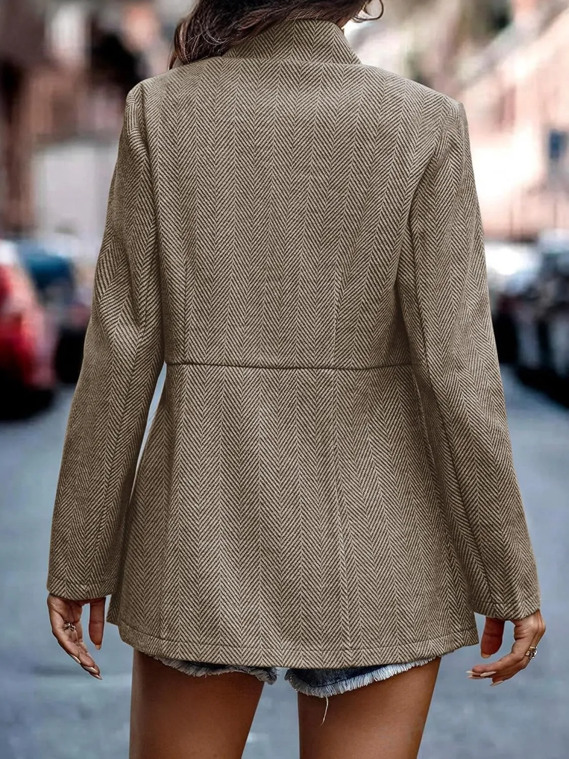 ELLEVEN Womens Open Front Herringbone Blazer-Business Casual Long Sleeve Work Jacket with Full Lining and Padded Shoulders