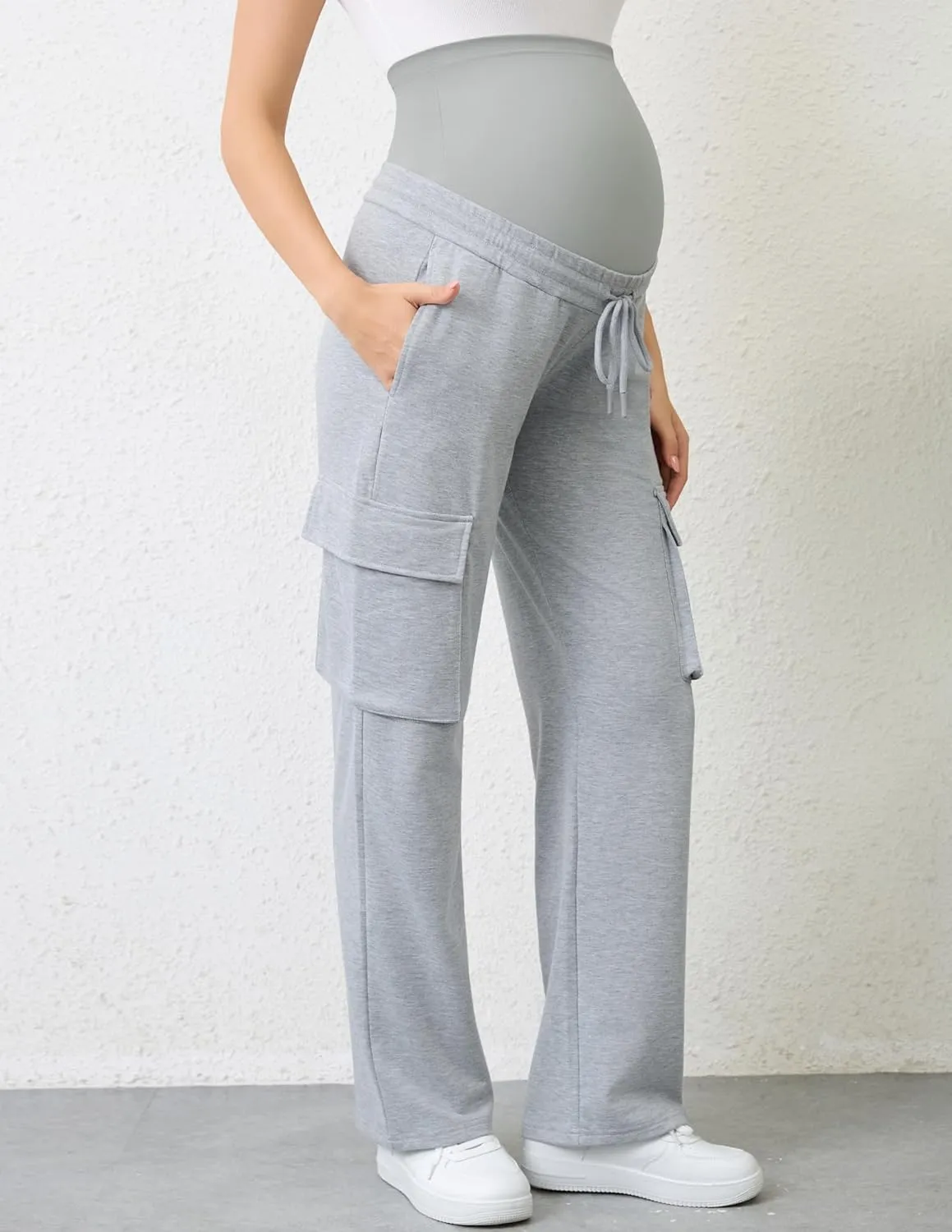 FABRACK Women's Maternity Cargo Pants Sweatpants Over The Belly Casual Comfy Drawstring Pregnancy Pants with 4 Pockets