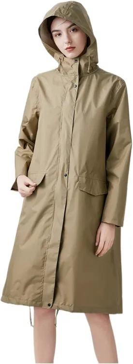Freesmily Womens Stylish Long Raincoat Rain Jacket with Hood Zipper Button and Pockets Muti Colors Polka Dots