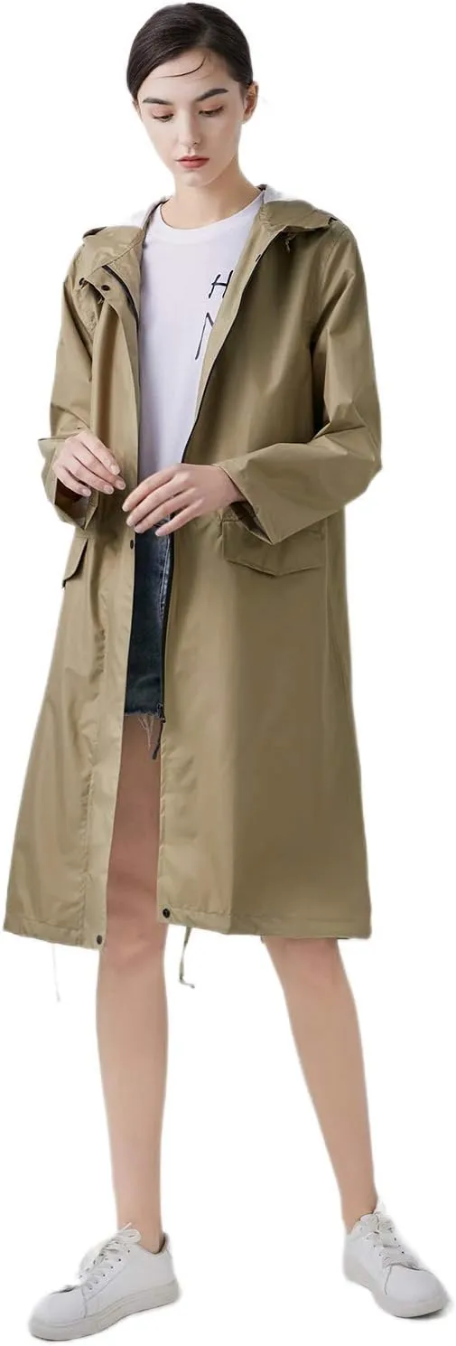 Freesmily Womens Stylish Long Raincoat Rain Jacket with Hood Zipper Button and Pockets Muti Colors Polka Dots