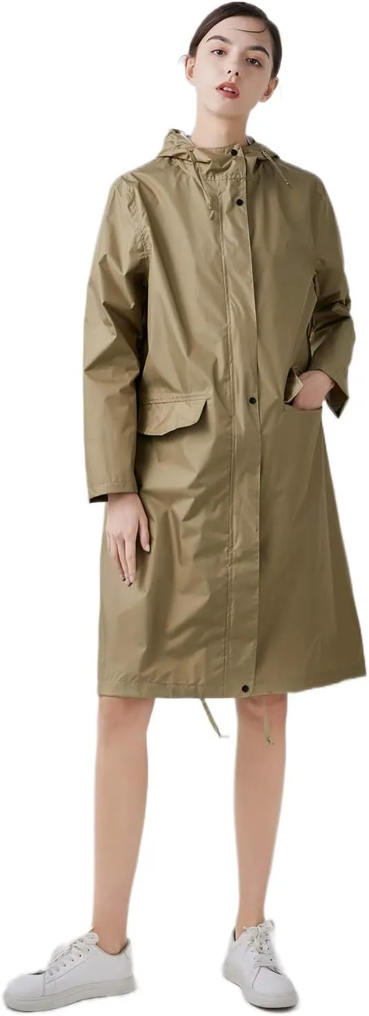 Freesmily Womens Stylish Long Raincoat Rain Jacket with Hood Zipper Button and Pockets Muti Colors Polka Dots