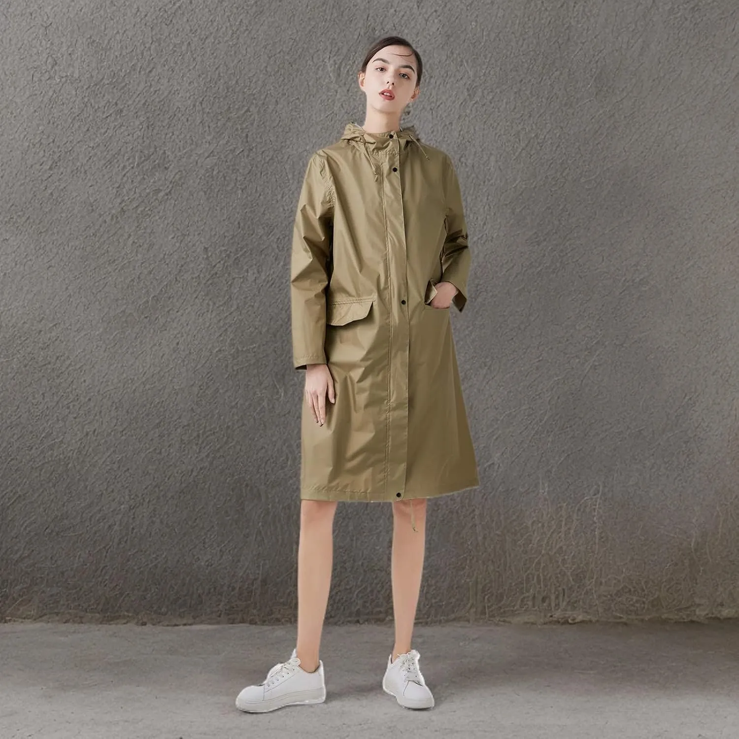 Freesmily Womens Stylish Long Raincoat Rain Jacket with Hood Zipper Button and Pockets Muti Colors Polka Dots