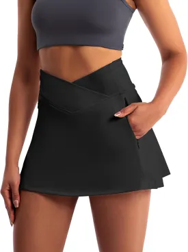Golf Skirts for Women Crossover High Waisted Athletic Skirt Skorts Stretchy Golf Skirt with Shorts and 4 Pockets